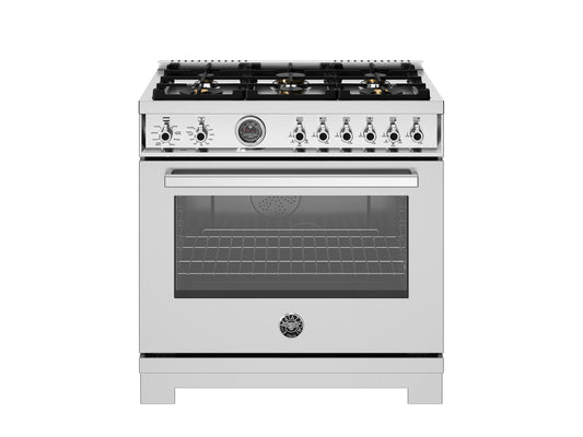 Bertazzoni - 36 inch Dual Fuel Range, 6 Brass Burners and Cast Iron Griddle, Electric Self-Clean Oven - PRO366BCFEPXT