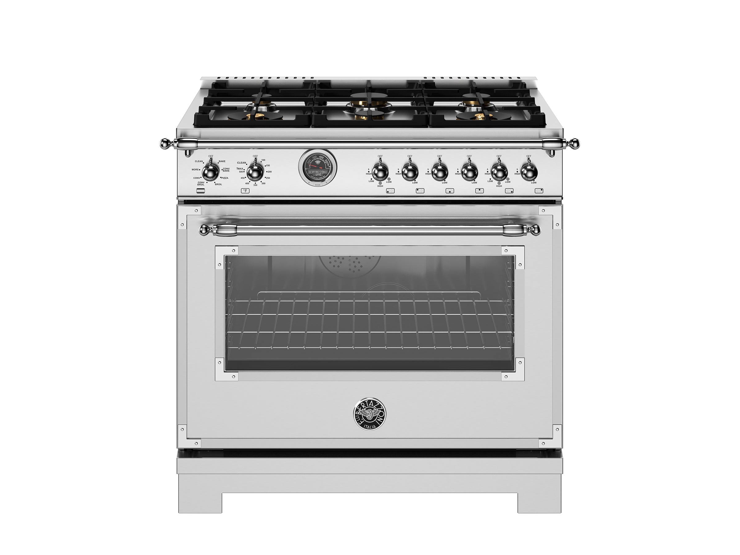 Bertazzoni - 36 inch Dual Fuel Range, 6 Brass Burner and Cast Iron Griddle, Electric Self-Clean Oven - HER366BCFE Bertazzoni - 36 inch Dual Fuel Range, 6 Brass Burner and Cast Iron Griddle, Electric Self-Clean Oven - HER366BCFE