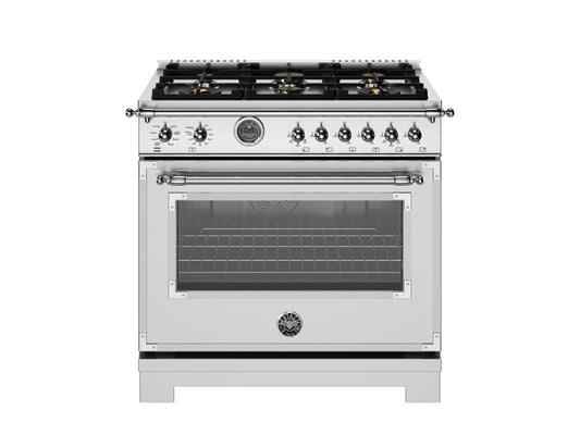 Bertazzoni - 36 inch Dual Fuel Range, 6 Brass Burner and Cast Iron Griddle, Electric Self-Clean Oven - HER366BCFE