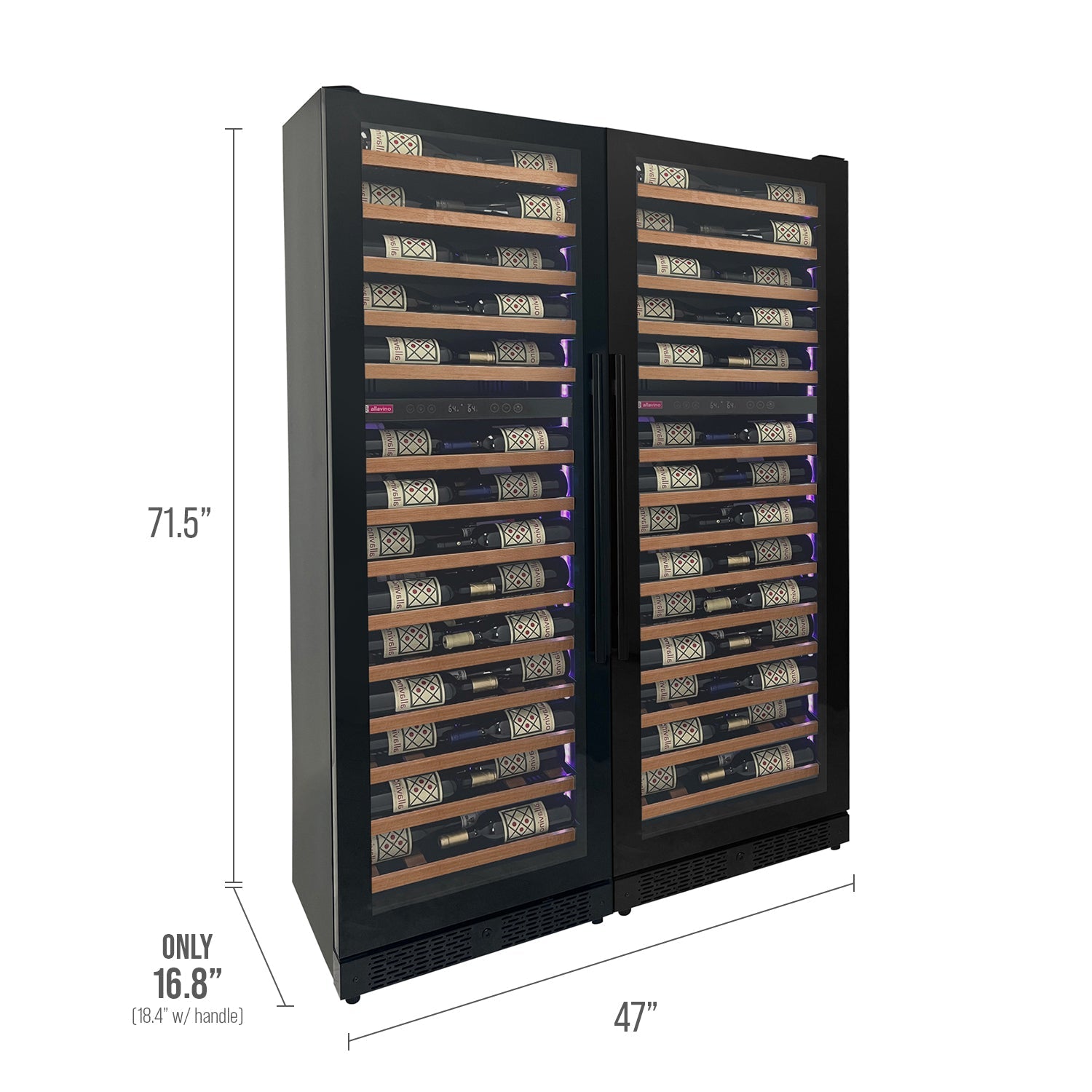 Allavino - Reserva Series 134 Bottle 71" Tall Four Zone Black Side-by-Side Shallow Wine Refrigerator with Wood Front Shelves - BF 2X-VSW6771D-2B-W Allavino - Reserva Series 134 Bottle 71" Tall Four Zone Black Side-by-Side Shallow Wine Refrigerator with Wood Front Shelves - BF 2X-VSW6771D-2B-W