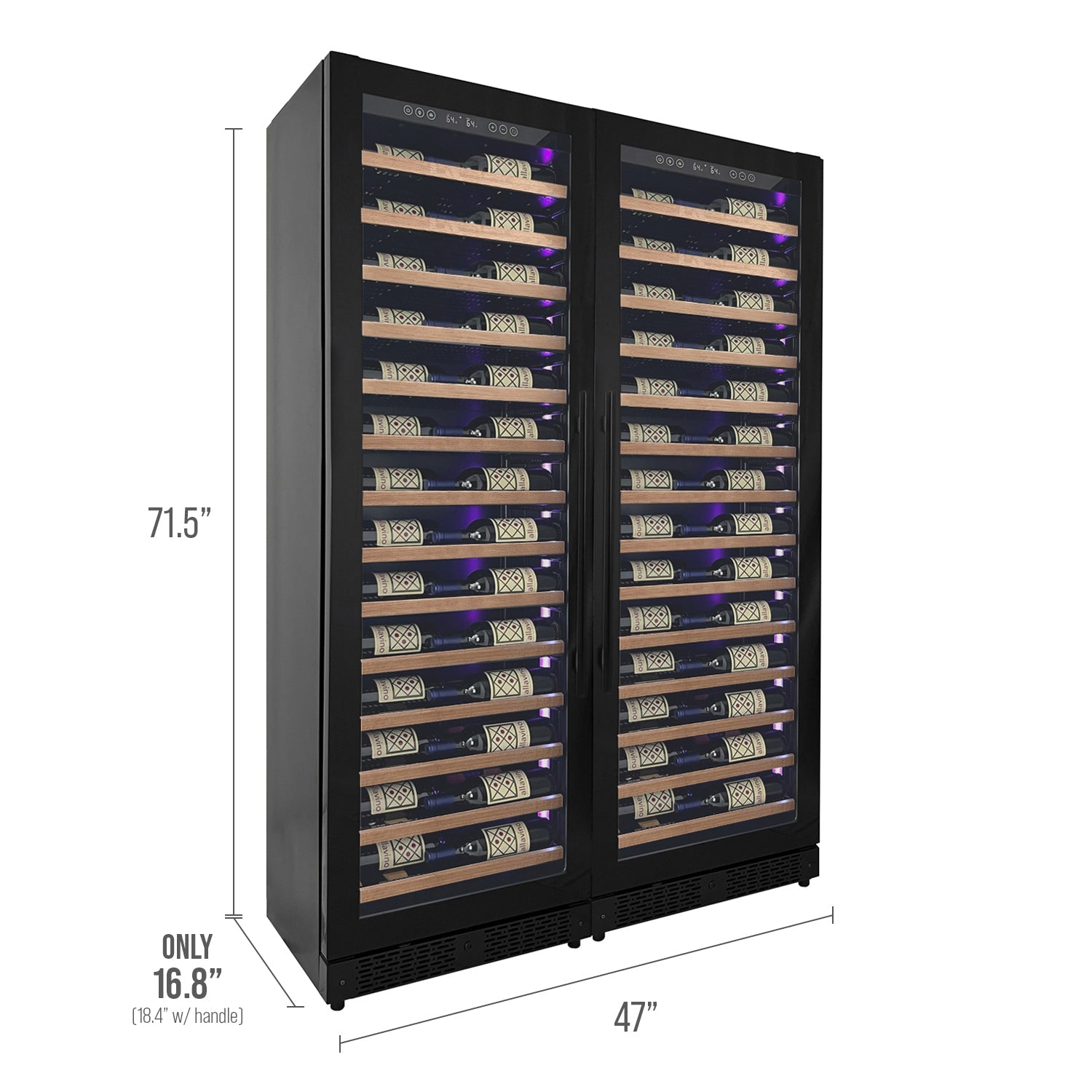 Allavino - Reserva Series 134 Bottle 71" Tall Dual Zone Black Side-by-Side Shallow Wine Refrigerator with Wood Front Shelves - BF 2X-VSW6771S-1B-W Allavino - Reserva Series 134 Bottle 71" Tall Dual Zone Black Side-by-Side Shallow Wine Refrigerator with Wood Front Shelves - BF 2X-VSW6771S-1B-W