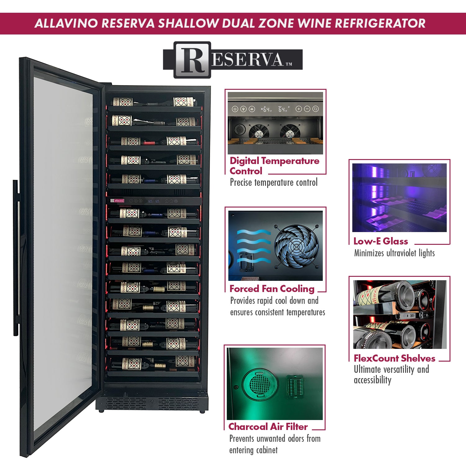 Allavino - Reserva Series 134 Bottle 71" Tall Three Zone Black Side-by-Side Shallow Wine Refrigerator Console - BF 3Z-VSW6771 Allavino - Reserva Series 134 Bottle 71" Tall Three Zone Black Side-by-Side Shallow Wine Refrigerator Console - BF 3Z-VSW6771