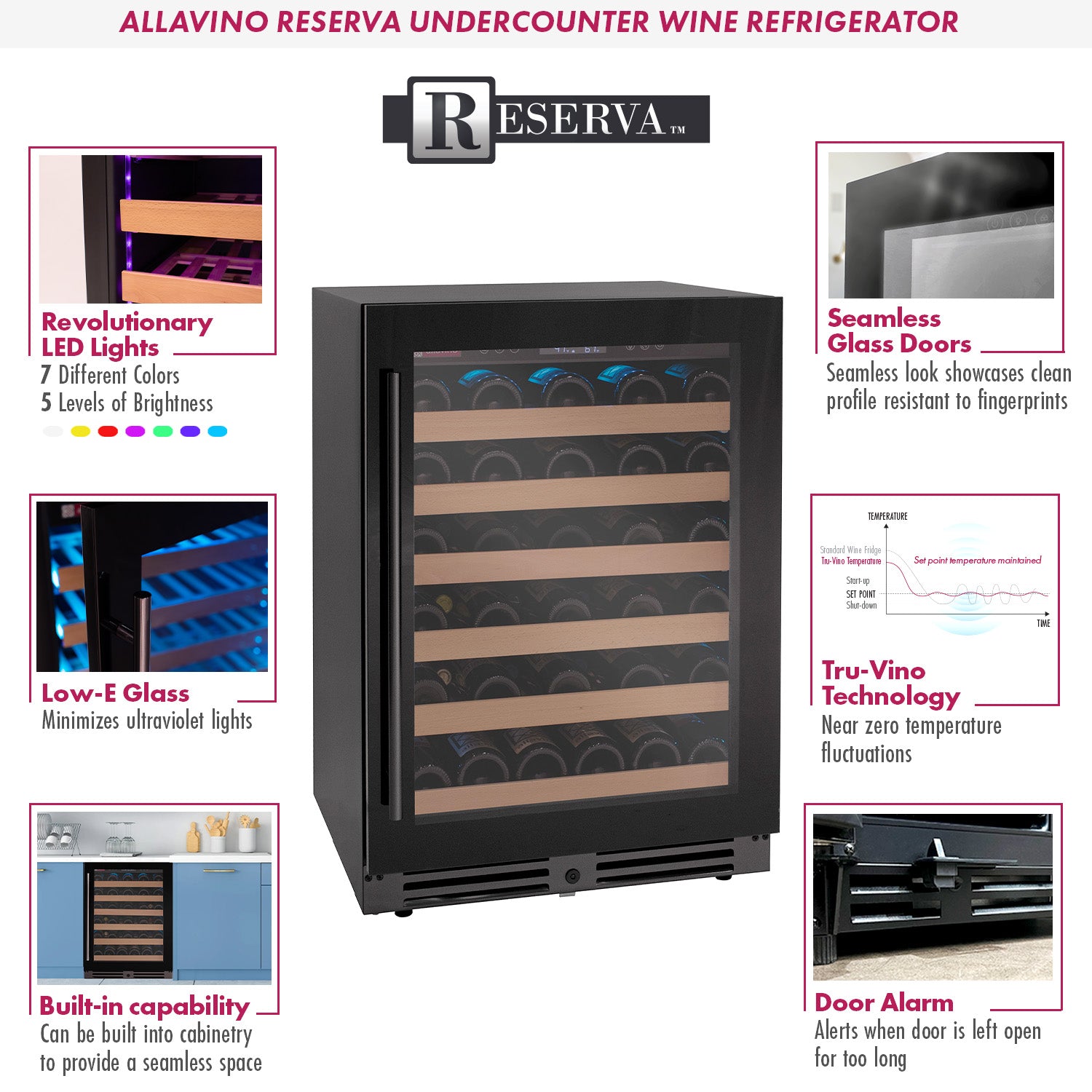 Allavino - Reserva Series 50 Bottle Single Zone Built-in Luxury Wine Refrigerator with Black Glass Door Allavino - Reserva Series 50 Bottle Single Zone Built-in Luxury Wine Refrigerator with Black Glass Door