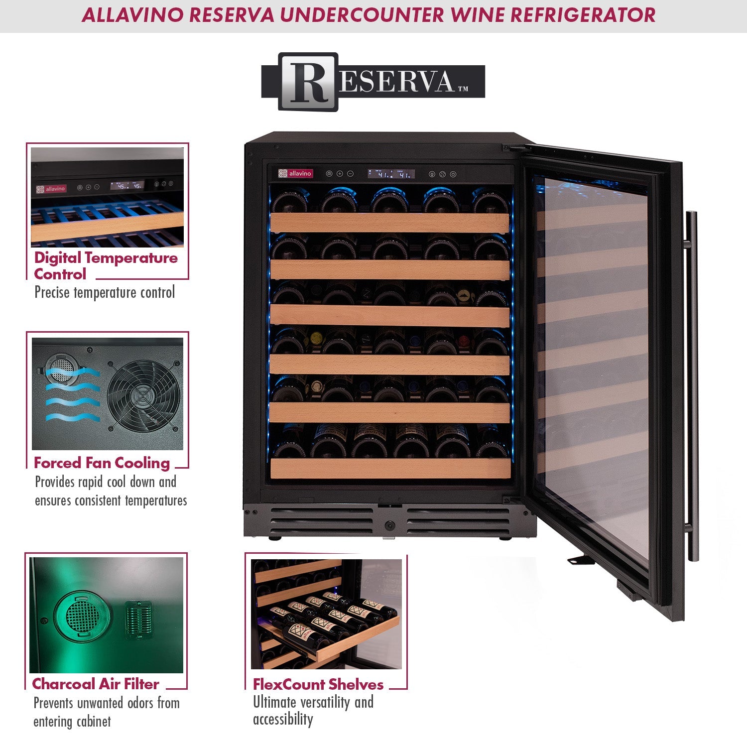 Allavino - Reserva Series 50 Bottle Single Zone Built-in Luxury Wine Refrigerator with Black Glass Door Allavino - Reserva Series 50 Bottle Single Zone Built-in Luxury Wine Refrigerator with Black Glass Door