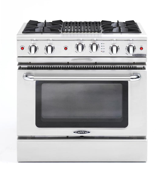 Capital Cooking - 36" Capital Culinarian Range - Self Clean - 25K BTU - 4 Open Burners + 12"BBQ, 1 8K BTU Small Pan Burner - CGSR362B2