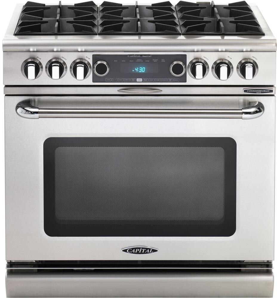 Capital Cooking - 36" Capital Connoisseurian Dual Fuel Range - Self Clean - 25K BTU - 6 Open Burners, 1 8K BTU Small Pan Burner - COB366 Capital Cooking - 36" Capital Connoisseurian Dual Fuel Range - Self Clean - 25K BTU - 6 Open Burners, 1 8K BTU Small Pan Burner - COB366