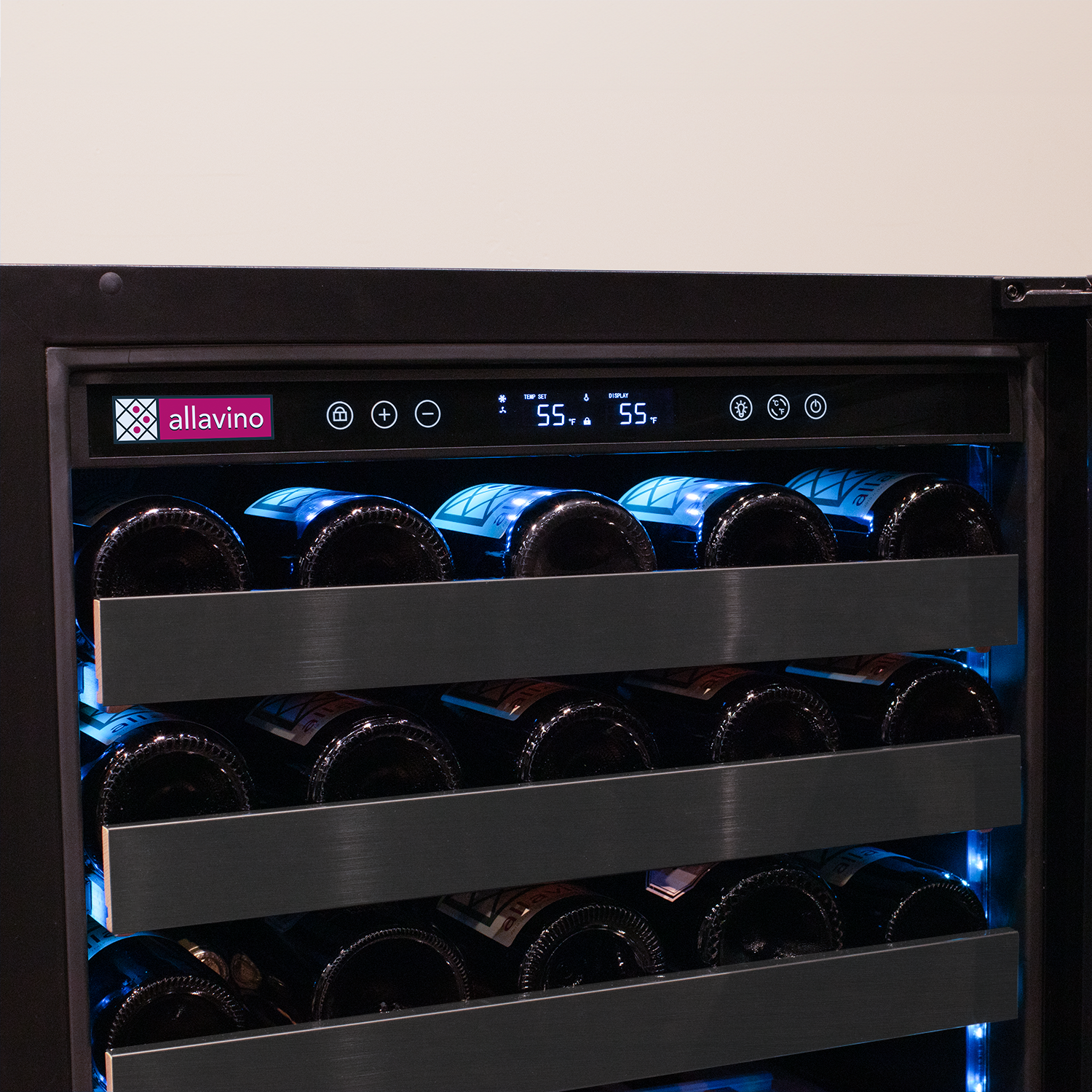 Allavino - Reserva Series 100 Bottle 34" Tall Dual Zone Black Stainless Steel Side-by-Side Wine Cooler Refrigerator Allavino - Reserva Series 100 Bottle 34" Tall Dual Zone Black Stainless Steel Side-by-Side Wine Cooler Refrigerator