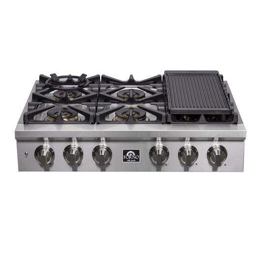 FORNO - Spezia 36-Inch Gas Rangetop, 6 Burners. Wok Ring and Grill/Griddle in Stainless Steel | FCTGS5751-36