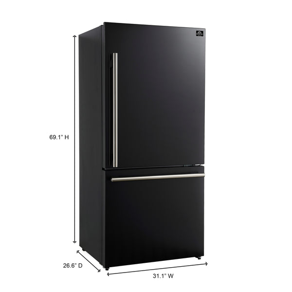 Forno - 31" Milano Espresso Bottom Freezer Right Swing Door Refrigerator in Black, 17.2 cu. ft. Additionnal Antique Brass Handles Included - FFFFD1785-31BLK Forno - 31" Milano Espresso Bottom Freezer Right Swing Door Refrigerator in Black, 17.2 cu. ft. Additionnal Antique Brass Handles Included - FFFFD1785-31BLK