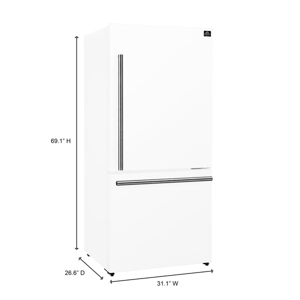 Forno - 31" Milano Espresso Bottom Freezer Right Swing Door Refrigerator in White, 17.2 cu. ft. Additionnal Antique Brass Handles Included - FFFFD1785-31WHT Forno - 31" Milano Espresso Bottom Freezer Right Swing Door Refrigerator in White, 17.2 cu. ft. Additionnal Antique Brass Handles Included - FFFFD1785-31WHT