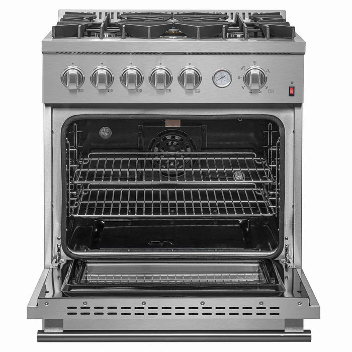 FORNO - Giovanni 30-inch Gas Range with 5 Gas Burners, 4.32 cu.ft. Convection Gas Oven with Temperature Gauge in Stainless Steel - FFSGS6274-30 FORNO - Giovanni 30-inch Gas Range with 5 Gas Burners, 4.32 cu.ft. Convection Gas Oven with Temperature Gauge in Stainless Steel - FFSGS6274-30