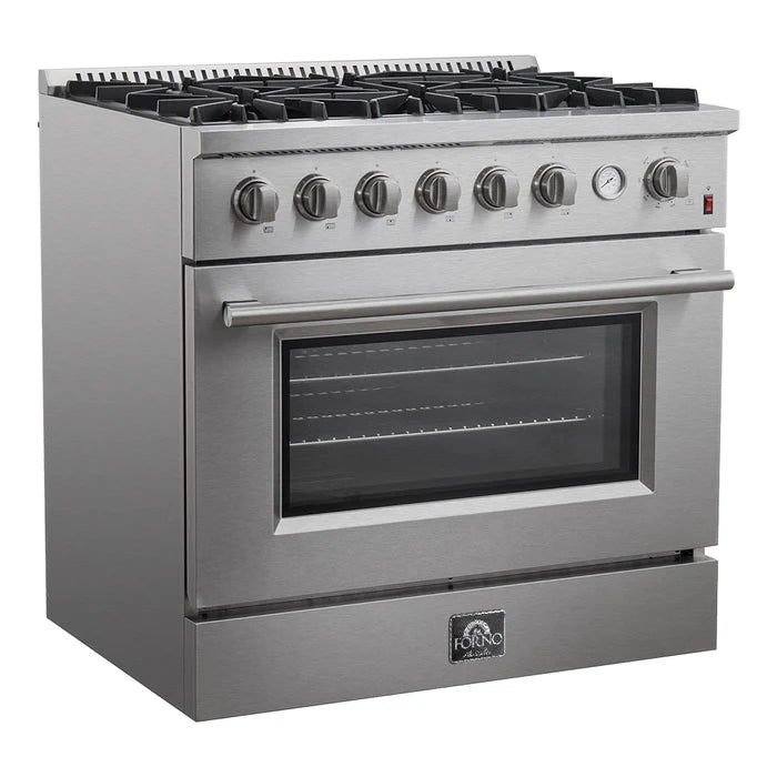 FORNO - Marco 36-Inch Gas Range 6 Gas Burners, 5.36 cu.ft. Convection Oven and Temperature Gauge in Stainless Steel - FFSGS6277-36 FORNO - Marco 36-Inch Gas Range 6 Gas Burners, 5.36 cu.ft. Convection Oven and Temperature Gauge in Stainless Steel - FFSGS6277-36