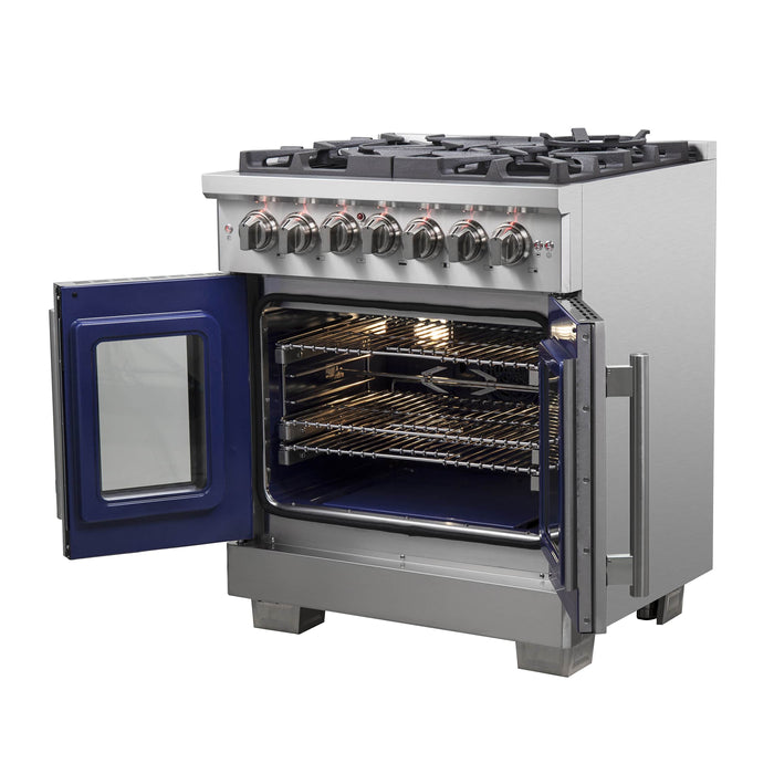 Forno 30-Inch Capriasca Dual Fuel Range with 5 Gas Burners, 100,000 BTUs, and French Door Electric Oven in Stainless Steel Forno 30-Inch Capriasca Dual Fuel Range with 5 Gas Burners, 100,000 BTUs, and French Door Electric Oven in Stainless Steel
