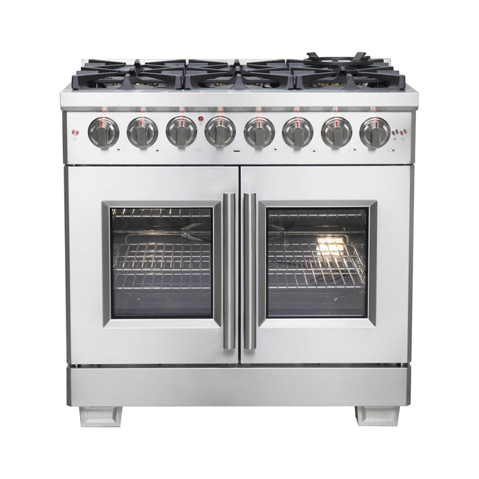 FORNO - 36-Inch Capriasca Freestanding French Door Dual Fuel Range with 6 Gas Burners, 120,000 BTUs & Electric Oven in Stainless Steel FORNO - 36-Inch Capriasca Freestanding French Door Dual Fuel Range with 6 Gas Burners, 120,000 BTUs & Electric Oven in Stainless Steel