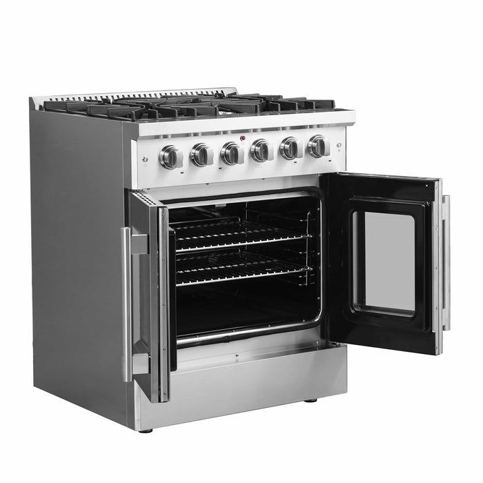 FORNO - 30-Inch Galiano Gas Range with 5 Gas Burners, 68,000 BTUs, & French Door Gas Oven in Stainless Steel FORNO - 30-Inch Galiano Gas Range with 5 Gas Burners, 68,000 BTUs, & French Door Gas Oven in Stainless Steel