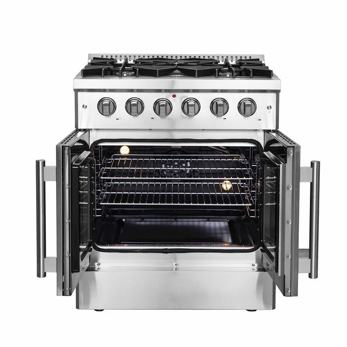 FORNO - 30-Inch Galiano Gas Range with 5 Gas Burners, 68,000 BTUs, & French Door Gas Oven in Stainless Steel FORNO - 30-Inch Galiano Gas Range with 5 Gas Burners, 68,000 BTUs, & French Door Gas Oven in Stainless Steel