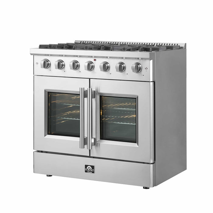 FORNO - 36-Inch Galiano Dual Fuel Range with 6 Gas Burners, 83,000 BTUs, & French Door Electric Oven in Stainless Steel FORNO - 36-Inch Galiano Dual Fuel Range with 6 Gas Burners, 83,000 BTUs, & French Door Electric Oven in Stainless Steel