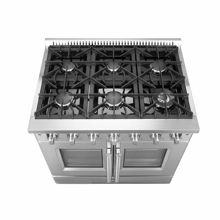 FORNO - 36-Inch Galiano Dual Fuel Range with 6 Gas Burners, 83,000 BTUs, & French Door Electric Oven in Stainless Steel FORNO - 36-Inch Galiano Dual Fuel Range with 6 Gas Burners, 83,000 BTUs, & French Door Electric Oven in Stainless Steel