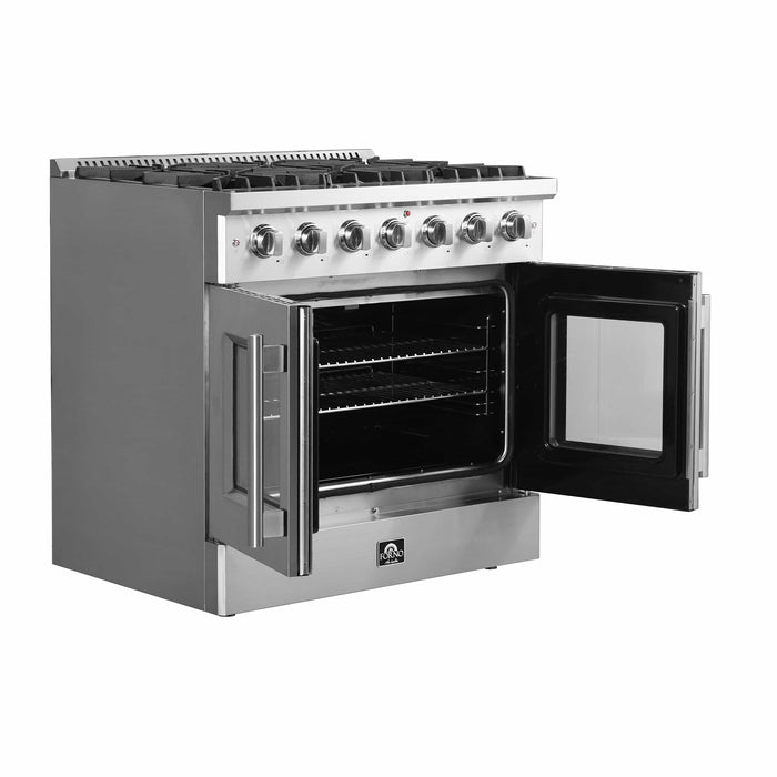 FORNO - 36-Inch Galiano Dual Fuel Range with 6 Gas Burners, 83,000 BTUs, & French Door Electric Oven in Stainless Steel FORNO - 36-Inch Galiano Dual Fuel Range with 6 Gas Burners, 83,000 BTUs, & French Door Electric Oven in Stainless Steel