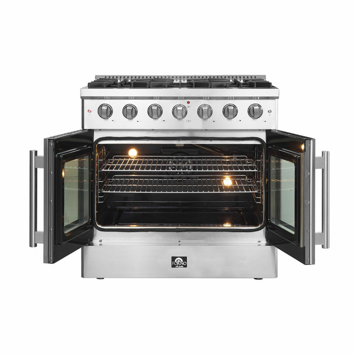 FORNO - 36-Inch Galiano Dual Fuel Range with 6 Gas Burners, 83,000 BTUs, & French Door Electric Oven in Stainless Steel FORNO - 36-Inch Galiano Dual Fuel Range with 6 Gas Burners, 83,000 BTUs, & French Door Electric Oven in Stainless Steel