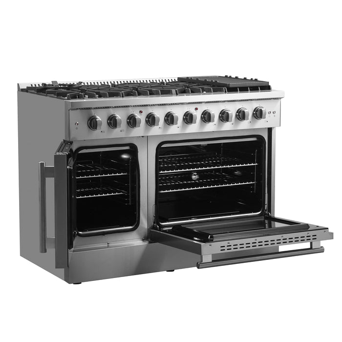Forno 48-Inch Galiano Gas Range with 8 Gas Burners, 107,000 BTUs, & French Door Gas Oven in Stainless Steel Forno 48-Inch Galiano Gas Range with 8 Gas Burners, 107,000 BTUs, & French Door Gas Oven in Stainless Steel