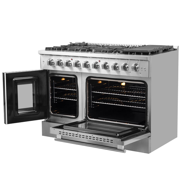 Forno 48-Inch Galiano Gas Range with 8 Gas Burners, 107,000 BTUs, & French Door Gas Oven in Stainless Steel Forno 48-Inch Galiano Gas Range with 8 Gas Burners, 107,000 BTUs, & French Door Gas Oven in Stainless Steel