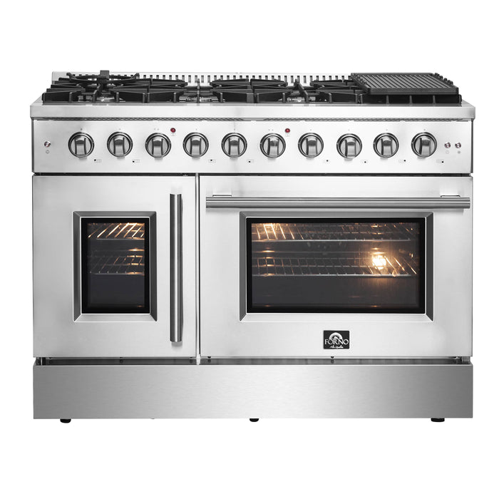 Forno 48-Inch Galiano Gas Range with 8 Gas Burners, 107,000 BTUs, & French Door Gas Oven in Stainless Steel Forno 48-Inch Galiano Gas Range with 8 Gas Burners, 107,000 BTUs, & French Door Gas Oven in Stainless Steel
