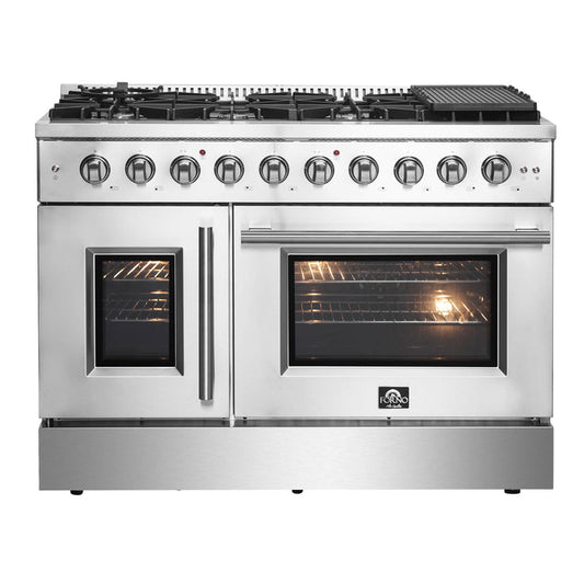 Forno 48-Inch Galiano Gas Range with 8 Gas Burners, 107,000 BTUs, & French Door Gas Oven in Stainless Steel