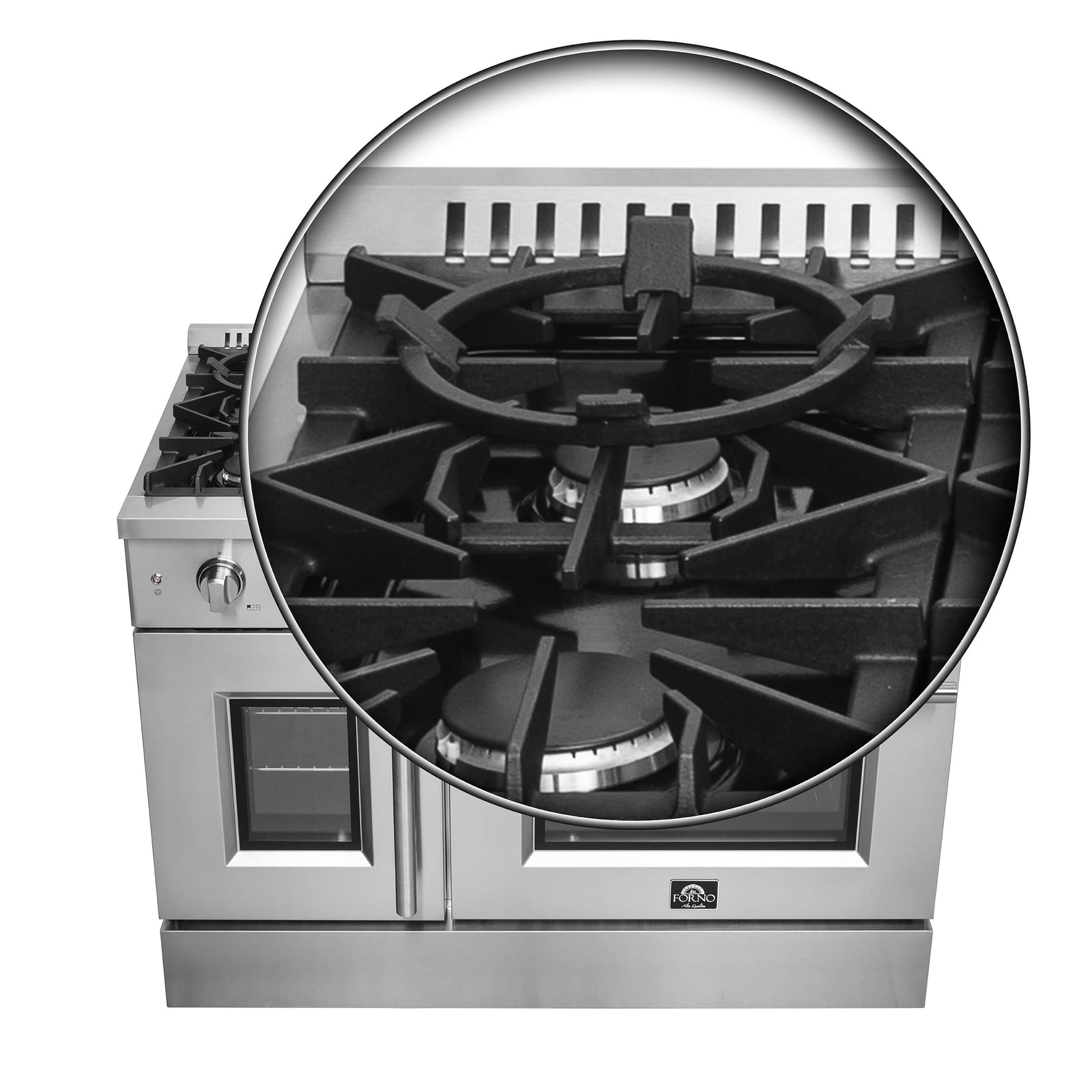 Forno 48-Inch Galiano Gas Range with 8 Gas Burners, 107,000 BTUs, & French Door Gas Oven in Stainless Steel Forno 48-Inch Galiano Gas Range with 8 Gas Burners, 107,000 BTUs, & French Door Gas Oven in Stainless Steel