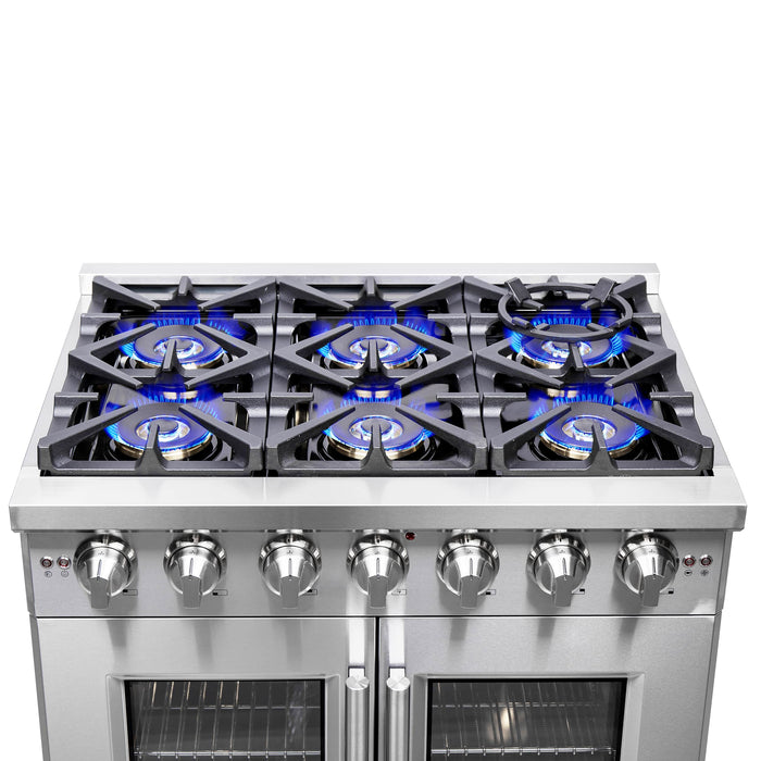 FORNO - 36-Inch Capriasca Gas Range with 6 Burners, 120,000 BTUs, & French Door Gas Oven in Stainless Steel FORNO - 36-Inch Capriasca Gas Range with 6 Burners, 120,000 BTUs, & French Door Gas Oven in Stainless Steel