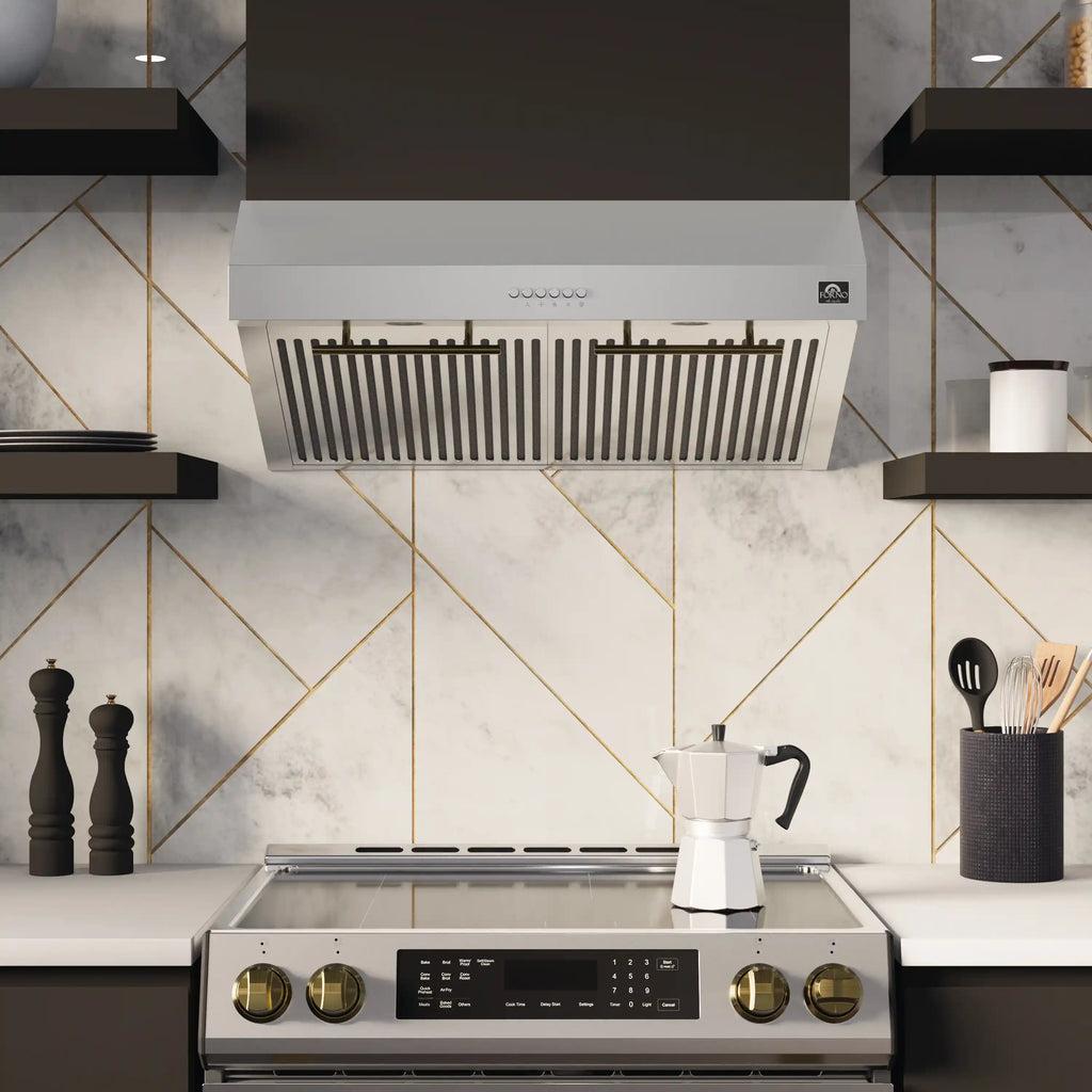 Forno - 30" Bari Espresso 400 CFM Under Cabinet Range Hood in Stainless Steel with Brass Handle Forno - 30" Bari Espresso 400 CFM Under Cabinet Range Hood in Stainless Steel with Brass Handle