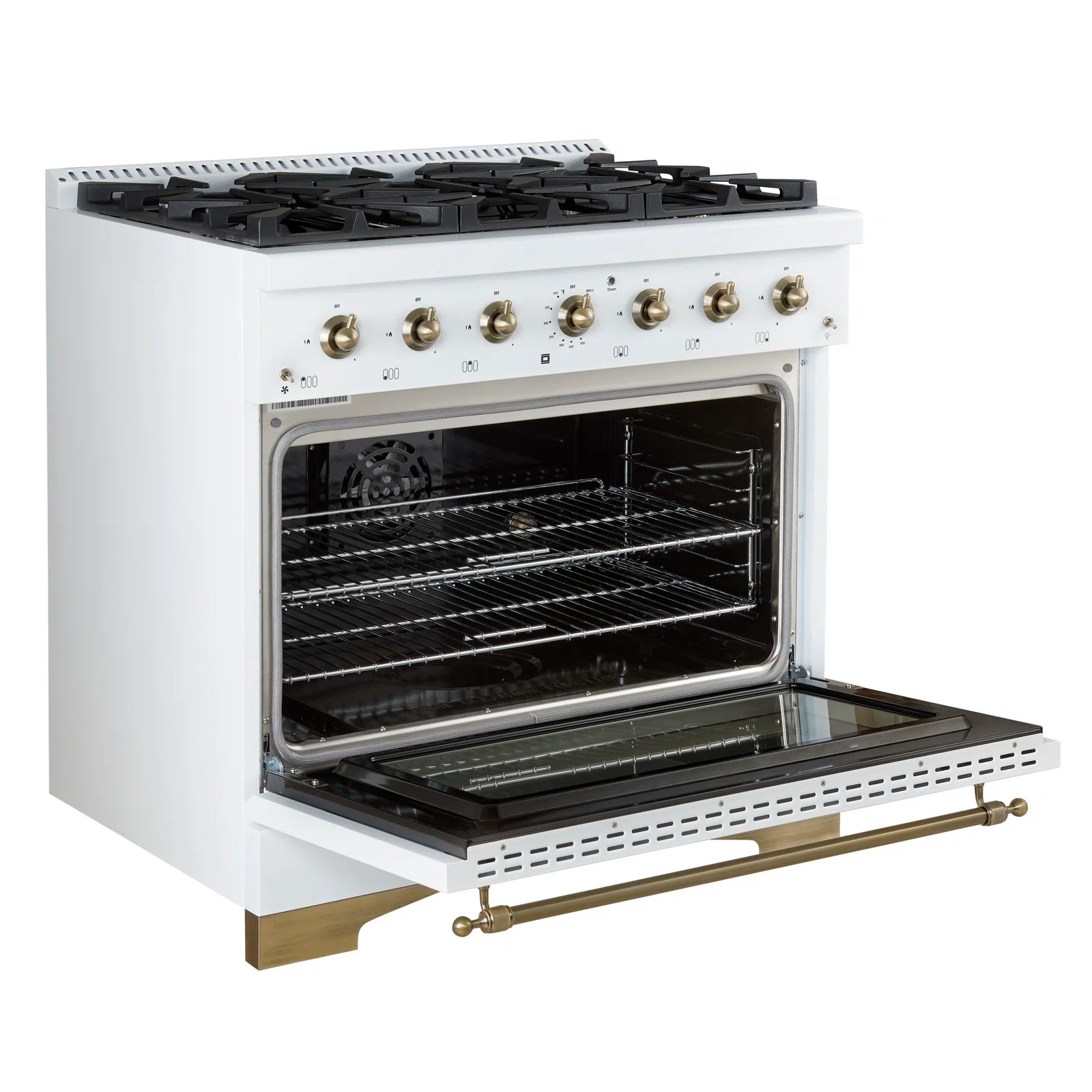FORNO - Espresso Antico 36" 4.5 cu. ft. Gas Range with 6 Sealed Burners in White/Black with Antique Brass Accents FORNO - Espresso Antico 36" 4.5 cu. ft. Gas Range with 6 Sealed Burners in White/Black with Antique Brass Accents