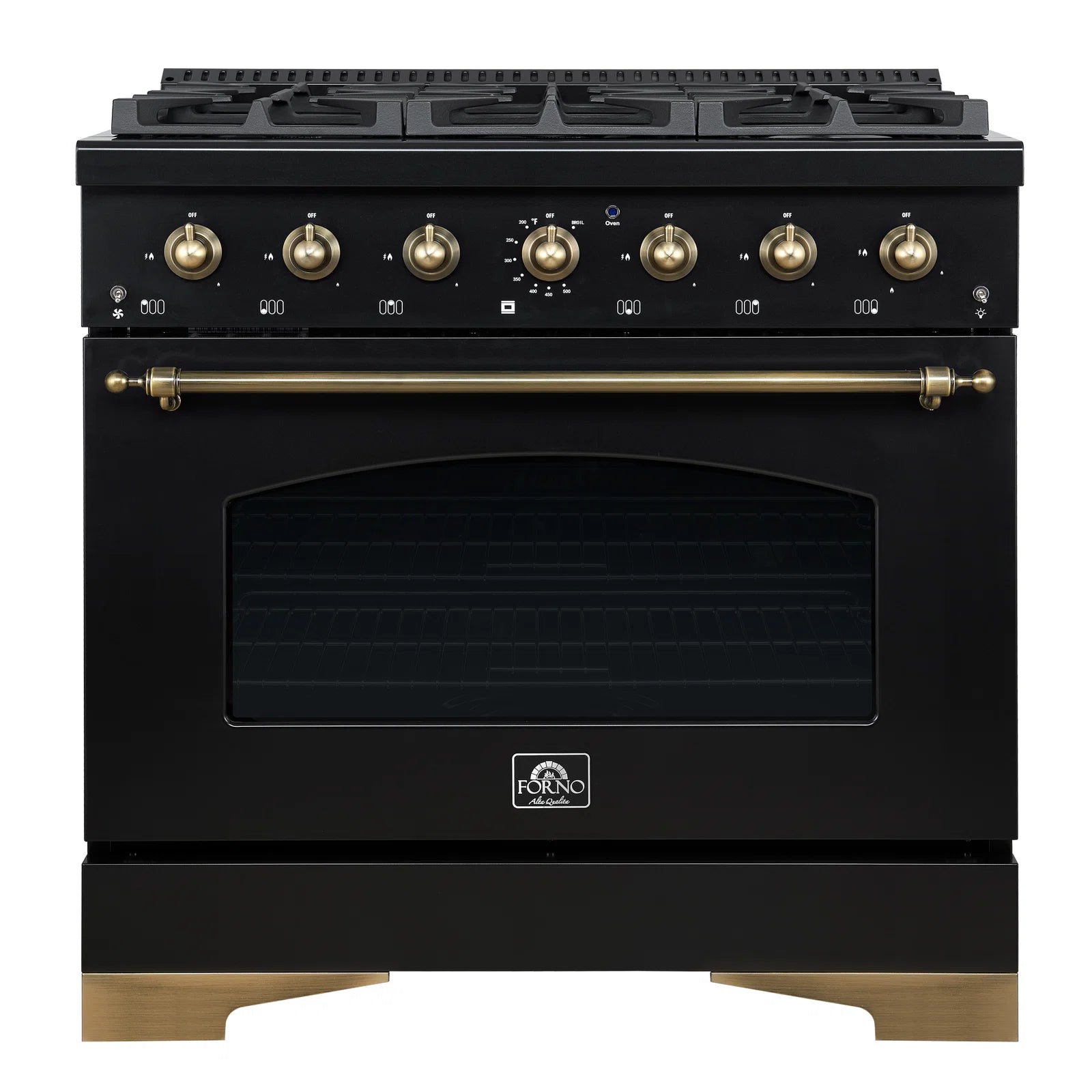 FORNO - Espresso Antico 36" 4.5 cu. ft. Gas Range with 6 Sealed Burners in White/Black with Antique Brass Accents FORNO - Espresso Antico 36" 4.5 cu. ft. Gas Range with 6 Sealed Burners in White/Black with Antique Brass Accents