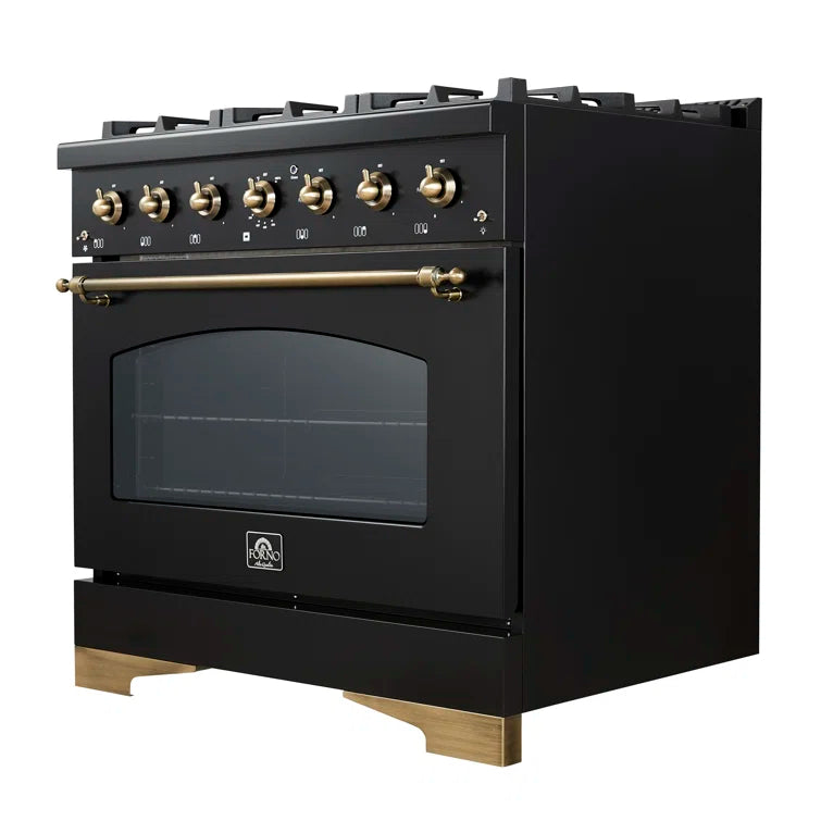 FORNO - Espresso Antico 36" 4.5 cu. ft. Gas Range with 6 Sealed Burners in White/Black with Antique Brass Accents FORNO - Espresso Antico 36" 4.5 cu. ft. Gas Range with 6 Sealed Burners in White/Black with Antique Brass Accents