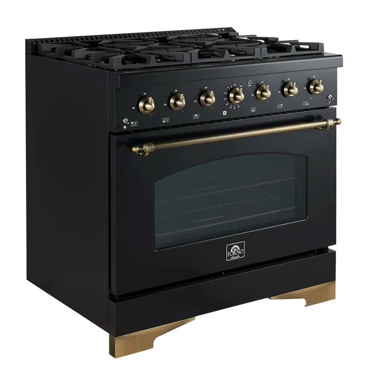 FORNO - Espresso Antico 36" 4.5 cu. ft. Gas Range with 6 Sealed Burners in White/Black with Antique Brass Accents FORNO - Espresso Antico 36" 4.5 cu. ft. Gas Range with 6 Sealed Burners in White/Black with Antique Brass Accents