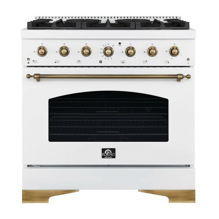 FORNO - Espresso Antico 36" 4.5 cu. ft. Gas Range with 6 Sealed Burners in White/Black with Antique Brass Accents FORNO - Espresso Antico 36" 4.5 cu. ft. Gas Range with 6 Sealed Burners in White/Black with Antique Brass Accents