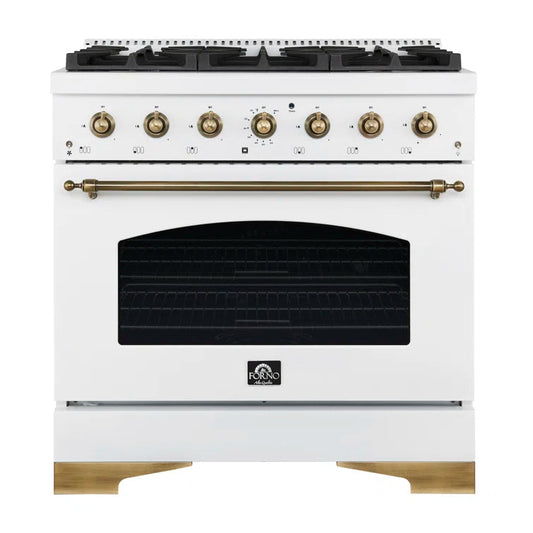 FORNO - Espresso Antico 36" 4.5 cu. ft. Dual Fuel Range with 6 Sealed Burners in White/Black with Antique Brass Accents