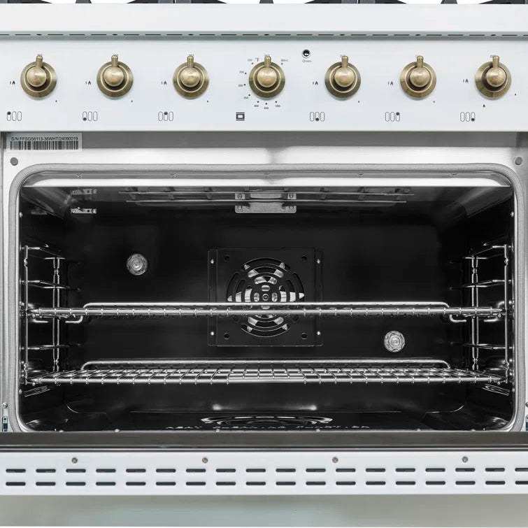 FORNO - Espresso Antico 36" 4.5 cu. ft. Gas Range with 6 Sealed Burners in White/Black with Antique Brass Accents FORNO - Espresso Antico 36" 4.5 cu. ft. Gas Range with 6 Sealed Burners in White/Black with Antique Brass Accents