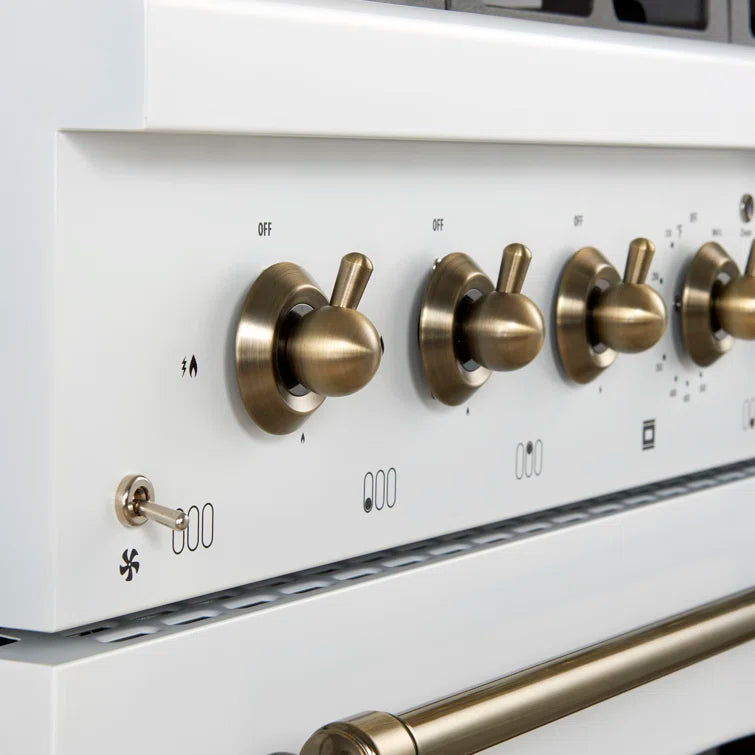 FORNO - Espresso Antico 36" 4.5 cu. ft. Gas Range with 6 Sealed Burners in White/Black with Antique Brass Accents FORNO - Espresso Antico 36" 4.5 cu. ft. Gas Range with 6 Sealed Burners in White/Black with Antique Brass Accents