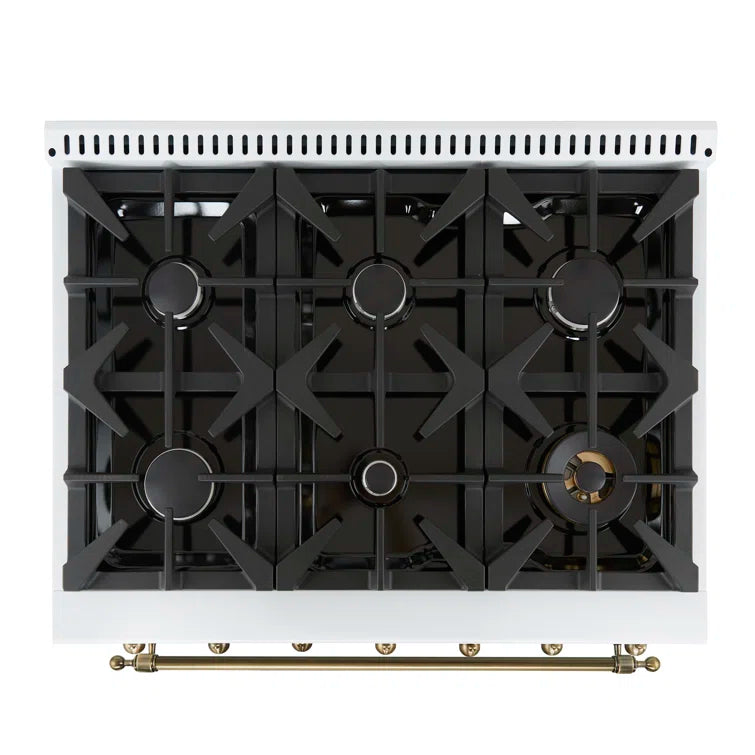 FORNO - Espresso Antico 36" 4.5 cu. ft. Gas Range with 6 Sealed Burners in White/Black with Antique Brass Accents FORNO - Espresso Antico 36" 4.5 cu. ft. Gas Range with 6 Sealed Burners in White/Black with Antique Brass Accents