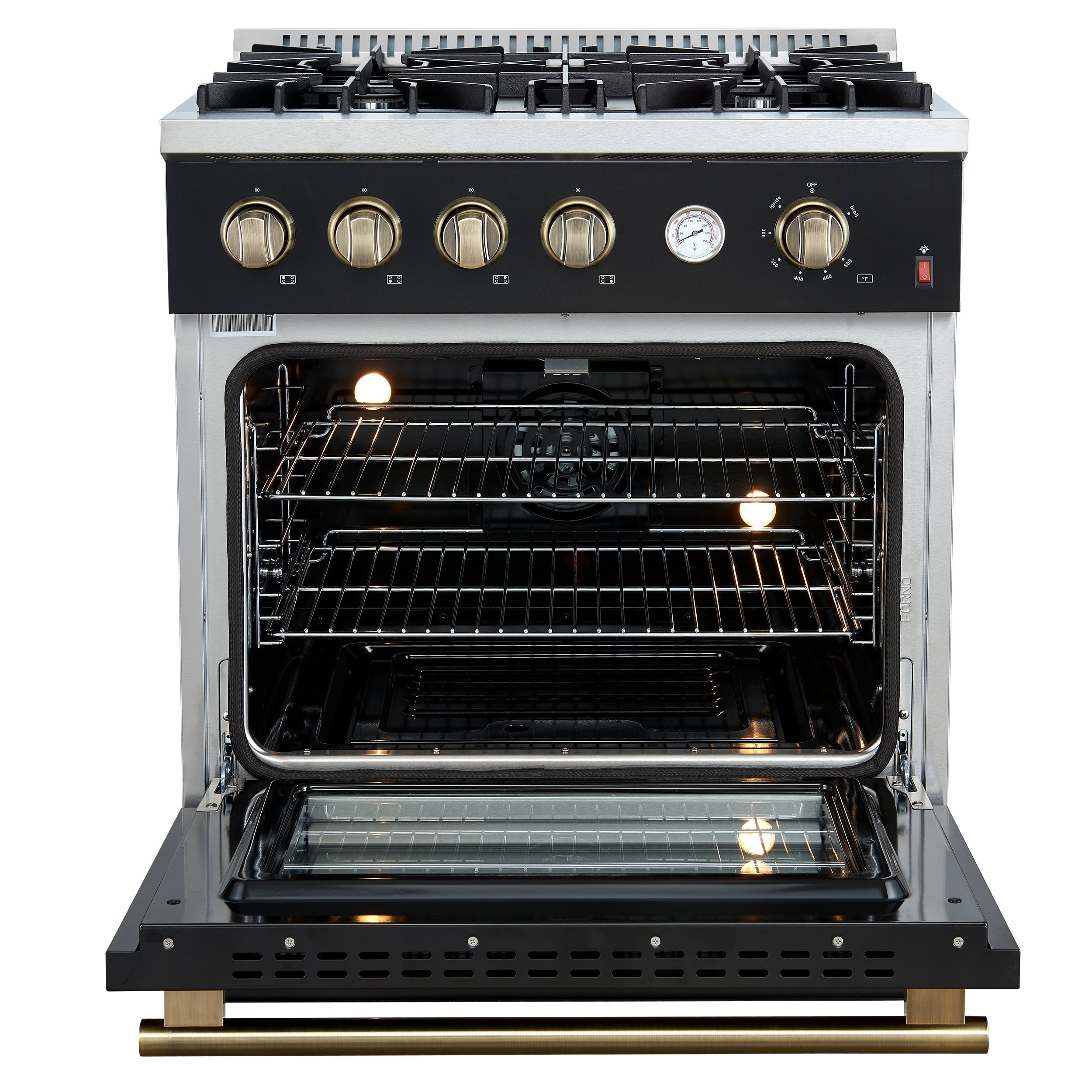 FORNO - Espresso Marco 30" 4.32 cu.ft. Gas Range with 4 Burners and Temperature Gauge in Black with Antique Brass Accents, FFSGS6277-30BLK FORNO - Espresso Marco 30" 4.32 cu.ft. Gas Range with 4 Burners and Temperature Gauge in Black with Antique Brass Accents, FFSGS6277-30BLK