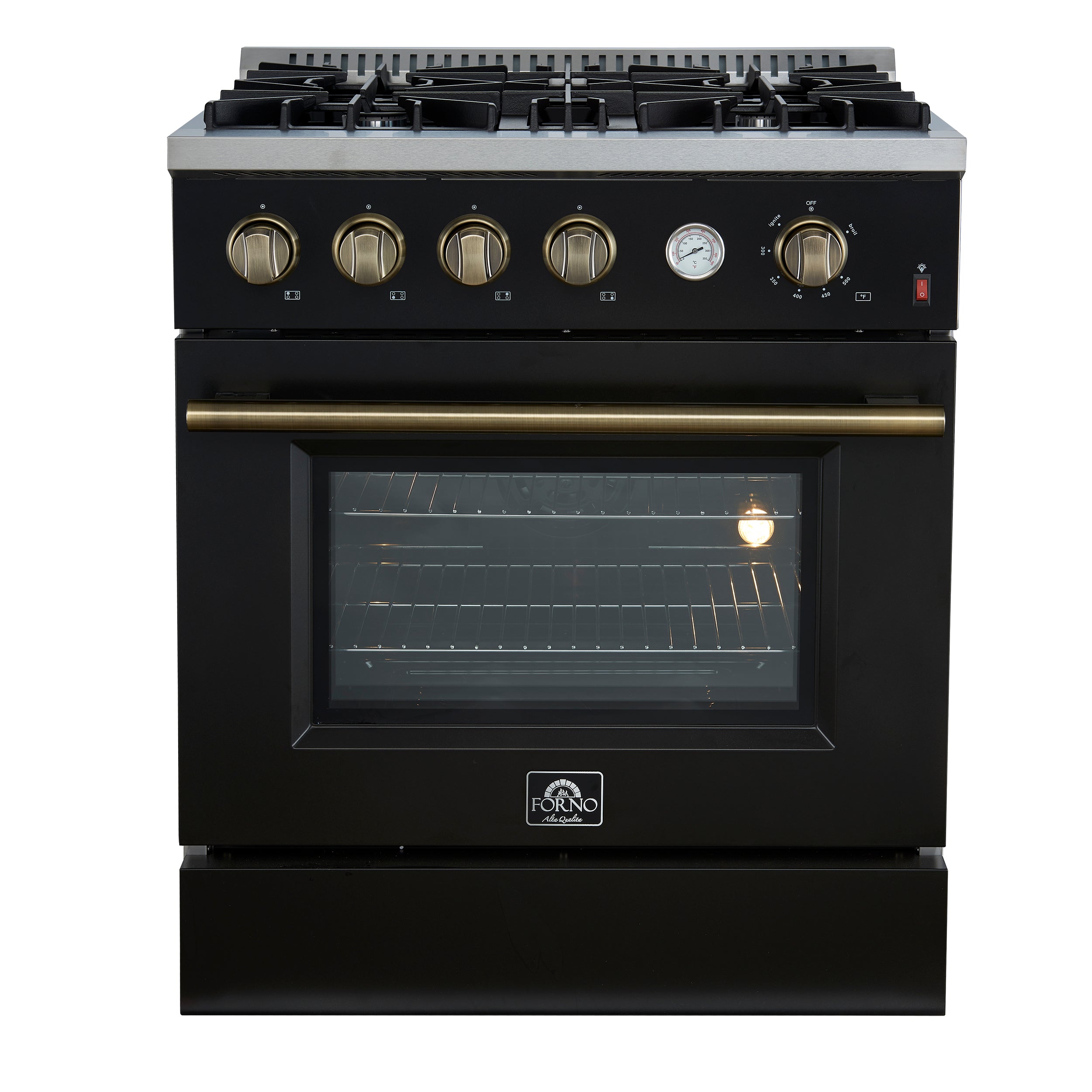 FORNO - Espresso Marco 30" 4.32 cu.ft. Gas Range with 4 Burners and Temperature Gauge in Black with Antique Brass Accents, FFSGS6277-30BLK FORNO - Espresso Marco 30" 4.32 cu.ft. Gas Range with 4 Burners and Temperature Gauge in Black with Antique Brass Accents, FFSGS6277-30BLK