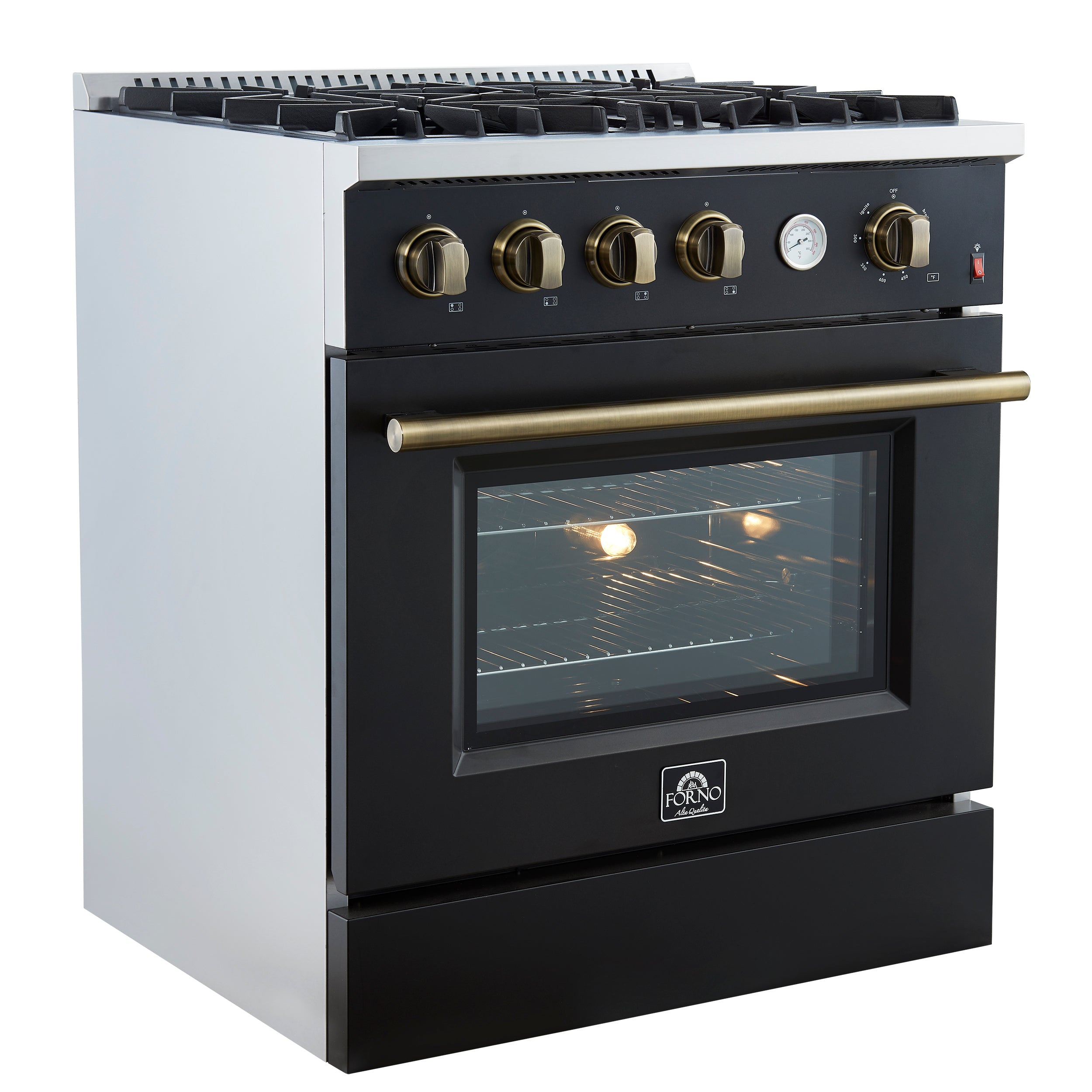 FORNO - Espresso Marco 30" 4.32 cu.ft. Gas Range with 4 Burners and Temperature Gauge in Black with Antique Brass Accents, FFSGS6277-30BLK FORNO - Espresso Marco 30" 4.32 cu.ft. Gas Range with 4 Burners and Temperature Gauge in Black with Antique Brass Accents, FFSGS6277-30BLK