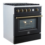 FORNO - Espresso Marco 30" 4.32 cu.ft. Gas Range with 4 Burners and Temperature Gauge in Black with Antique Brass Accents, FFSGS6277-30BLK FORNO - Espresso Marco 30" 4.32 cu.ft. Gas Range with 4 Burners and Temperature Gauge in Black with Antique Brass Accents, FFSGS6277-30BLK