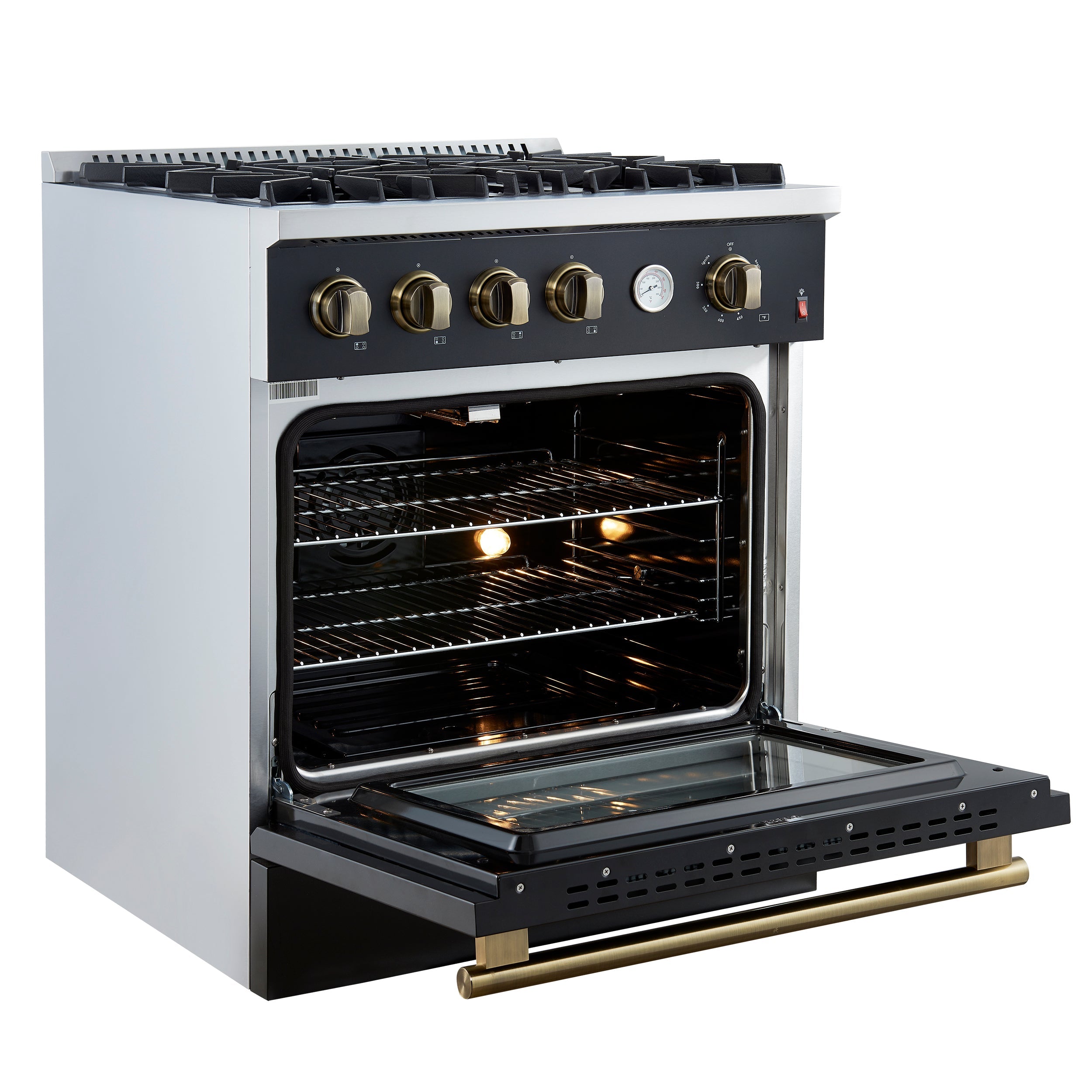 FORNO - Espresso Marco 30" 4.32 cu.ft. Gas Range with 4 Burners and Temperature Gauge in Black with Antique Brass Accents, FFSGS6277-30BLK FORNO - Espresso Marco 30" 4.32 cu.ft. Gas Range with 4 Burners and Temperature Gauge in Black with Antique Brass Accents, FFSGS6277-30BLK