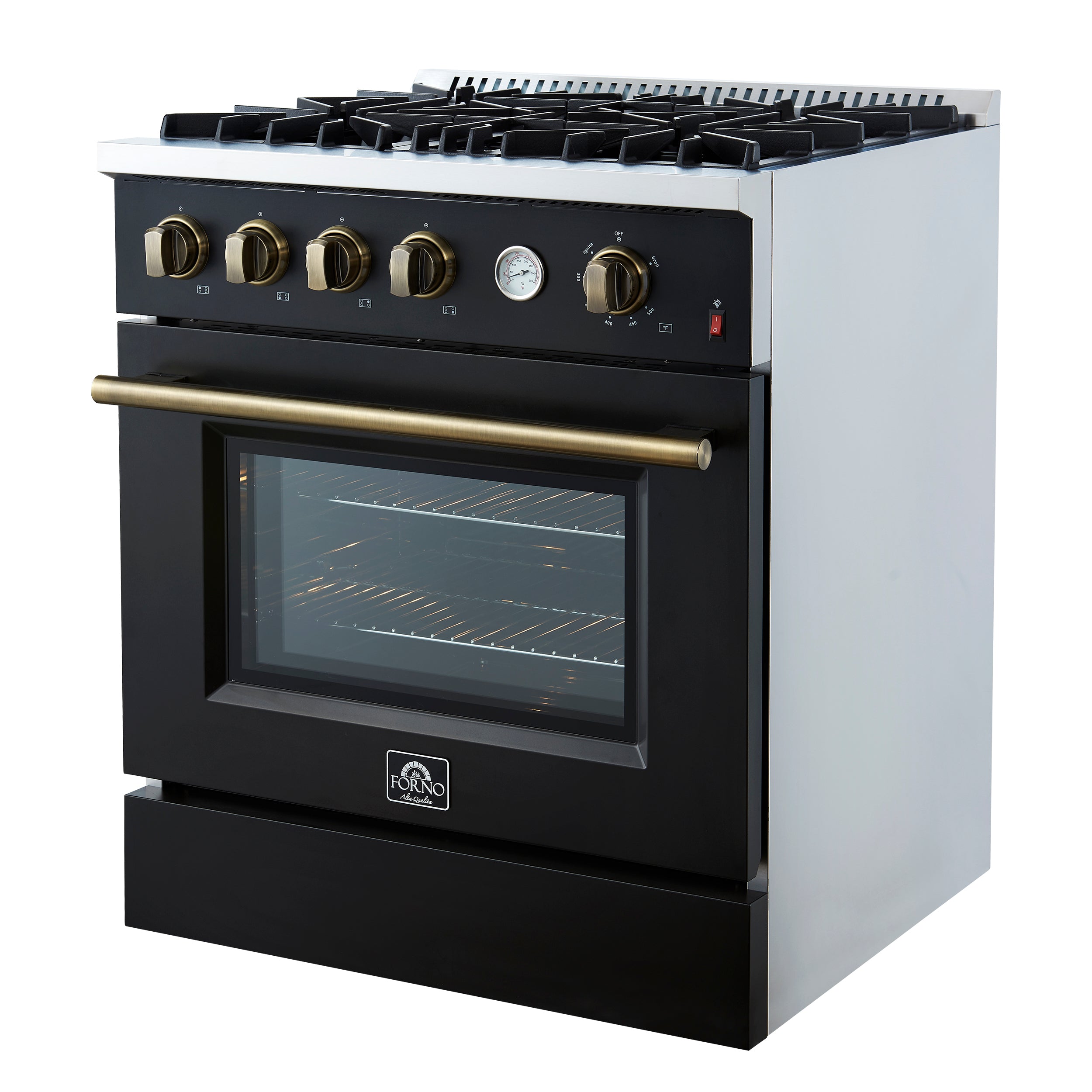 FORNO - Espresso Marco 30" 4.32 cu.ft. Gas Range with 4 Burners and Temperature Gauge in Black with Antique Brass Accents, FFSGS6277-30BLK FORNO - Espresso Marco 30" 4.32 cu.ft. Gas Range with 4 Burners and Temperature Gauge in Black with Antique Brass Accents, FFSGS6277-30BLK