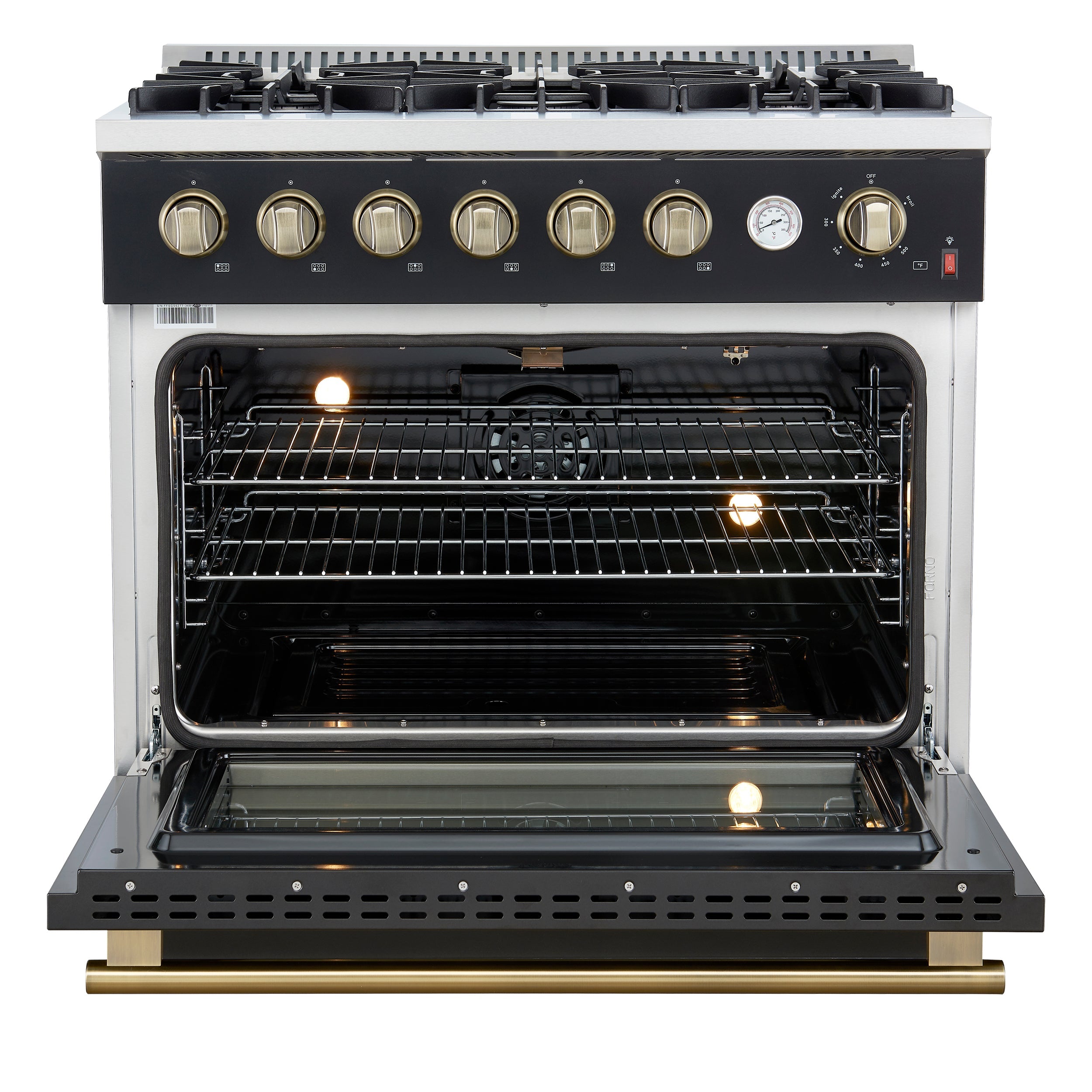 FORNO - Espresso Marco 36" 5.36 cu.ft. Gas Range with 6 Burners and Temperature Gauge in Black with Antique Brass Accents, FFSGS6277-36BLK FORNO - Espresso Marco 36" 5.36 cu.ft. Gas Range with 6 Burners and Temperature Gauge in Black with Antique Brass Accents, FFSGS6277-36BLK
