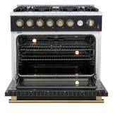 FORNO - Espresso Marco 36" 5.36 cu.ft. Gas Range with 6 Burners and Temperature Gauge in Black with Antique Brass Accents, FFSGS6277-36BLK FORNO - Espresso Marco 36" 5.36 cu.ft. Gas Range with 6 Burners and Temperature Gauge in Black with Antique Brass Accents, FFSGS6277-36BLK