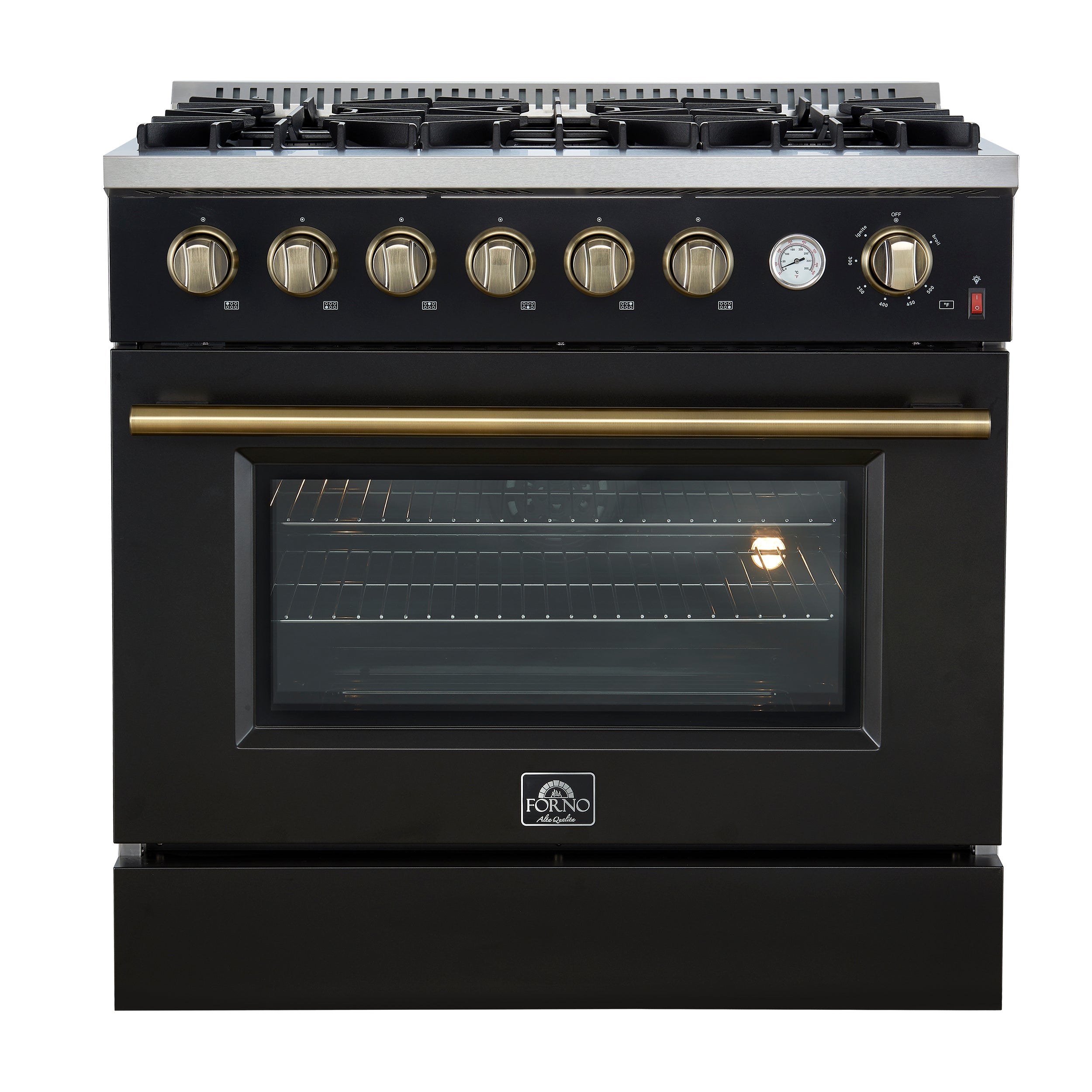 FORNO - Espresso Marco 36" 5.36 cu.ft. Gas Range with 6 Burners and Temperature Gauge in Black with Antique Brass Accents, FFSGS6277-36BLK FORNO - Espresso Marco 36" 5.36 cu.ft. Gas Range with 6 Burners and Temperature Gauge in Black with Antique Brass Accents, FFSGS6277-36BLK