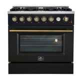FORNO - Espresso Marco 36" 5.36 cu.ft. Gas Range with 6 Burners and Temperature Gauge in Black with Antique Brass Accents, FFSGS6277-36BLK FORNO - Espresso Marco 36" 5.36 cu.ft. Gas Range with 6 Burners and Temperature Gauge in Black with Antique Brass Accents, FFSGS6277-36BLK